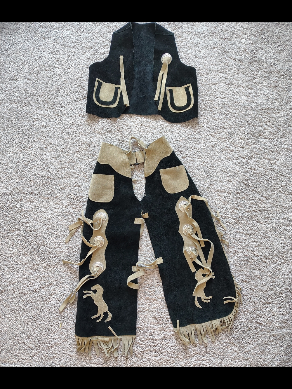 Toug-Kids Leather Suede Western Chaps & Vest Set Rearing Horse Fringe, Sz L